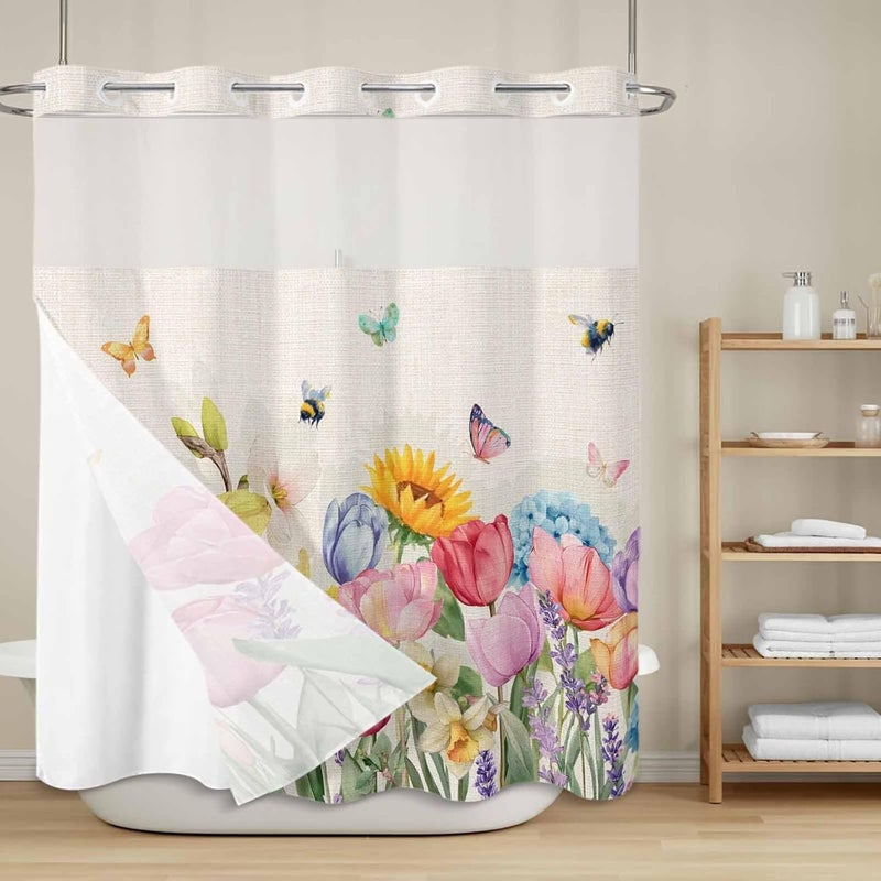 No Hook Shower Curtain and Liner Set, Watercolor Floral Snap in Shower Curtain Set, Farmhouse Flowers Colorful Butterfly Waterproof Fabric Bathroom Curtain with See Through Top Window 66"x72" - Image 2