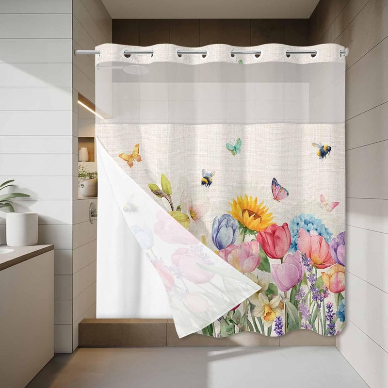 No Hook Shower Curtain and Liner Set, Watercolor Floral Snap in Shower Curtain Set, Farmhouse Flowers Colorful Butterfly Waterproof Fabric Bathroom Curtain with See Through Top Window 66"x72" - Image 3