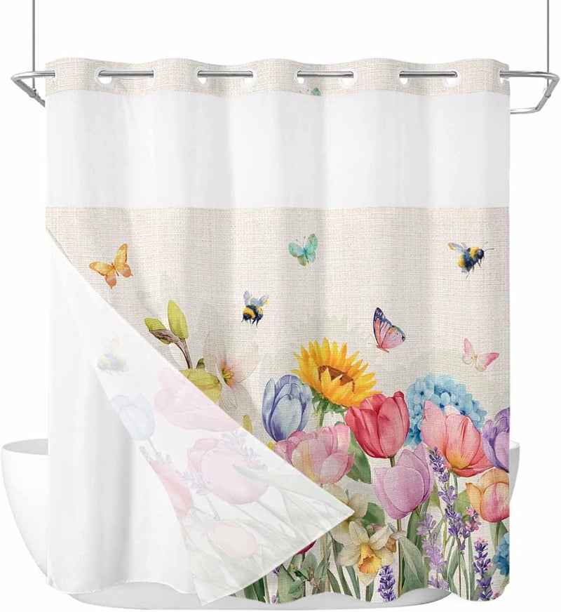 No Hook Shower Curtain and Liner Set, Watercolor Floral Snap in Shower Curtain Set, Farmhouse Flowers Colorful Butterfly Waterproof Fabric Bathroom Curtain with See Through Top Window 66"x72" - Image 1