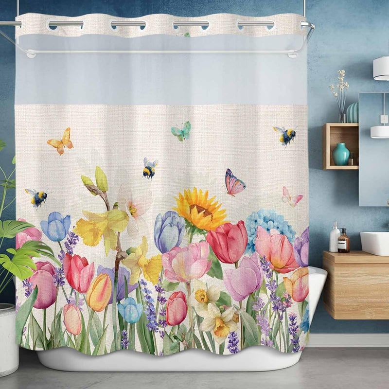No Hook Shower Curtain and Liner Set, Watercolor Floral Snap in Shower Curtain Set, Farmhouse Flowers Colorful Butterfly Waterproof Fabric Bathroom Curtain with See Through Top Window 66"x72" - Image 5