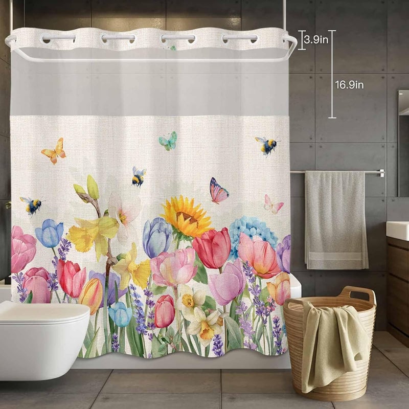 No Hook Shower Curtain and Liner Set, Watercolor Floral Snap in Shower Curtain Set, Farmhouse Flowers Colorful Butterfly Waterproof Fabric Bathroom Curtain with See Through Top Window 66"x72" - Image 4