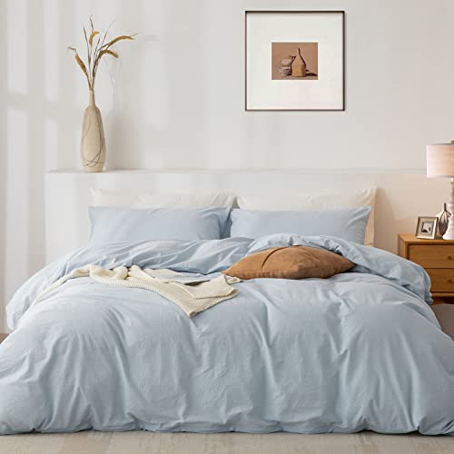 TIPTOE BEAR King Duvet Cover Set 100 Washed Cotton 3 Pcs Soft Comfy Breathable Chic Linen Feel Bedding 1 Duvet Cover and 2 Pillow Shams Baby Blue