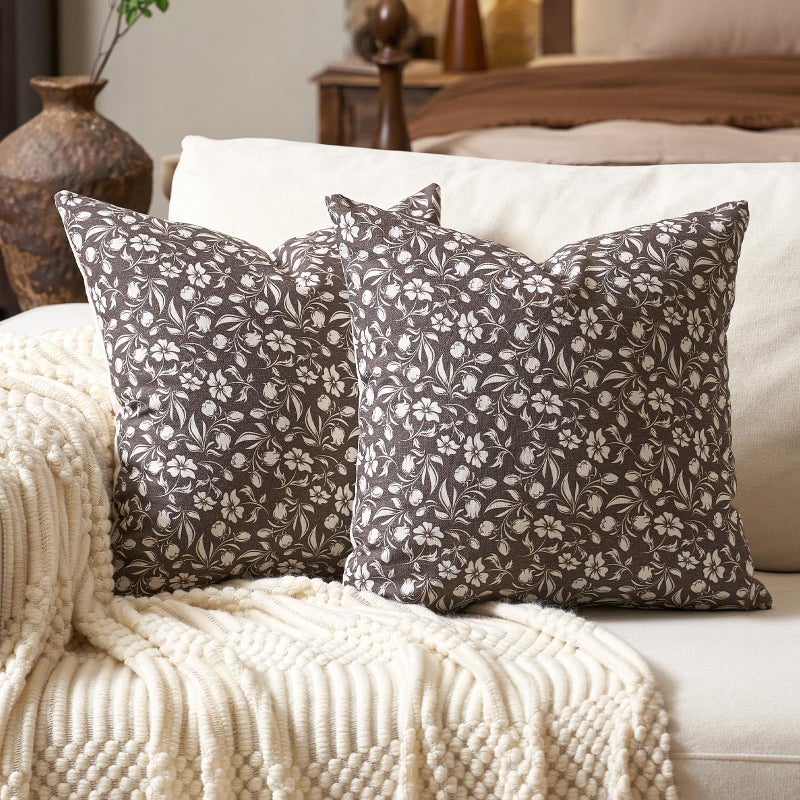 Aeckself Neutral Floral Pillow Covers 20x20 Set of 2, Vintage Block Print Throw Pillow Covers Decorative Farmhouse Accent Couch Pillows for Living Room Bedroom, Brown - Image 1
