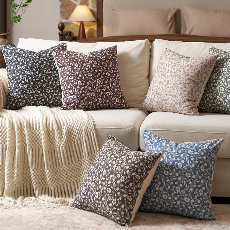 Aeckself Neutral Floral Pillow Covers 20x20 Set of 2, Vintage Block Print Throw Pillow Covers Decorative Farmhouse Accent Couch Pillows for Living Room Bedroom, Brown - Image 3