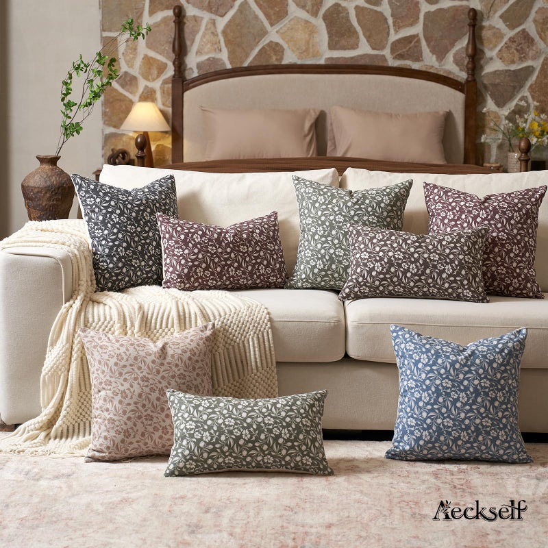 Aeckself Neutral Floral Pillow Covers 20x20 Set of 2, Vintage Block Print Throw Pillow Covers Decorative Farmhouse Accent Couch Pillows for Living Room Bedroom, Brown - Image 4