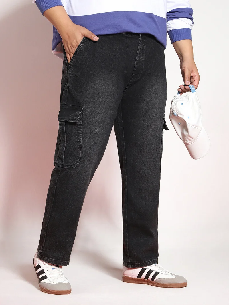Urbano Fashion  Urbano Plus Men's Black Regular Fit Washed Cargo Jeans with 6 Pockets Stretchable  | Best Price UAE