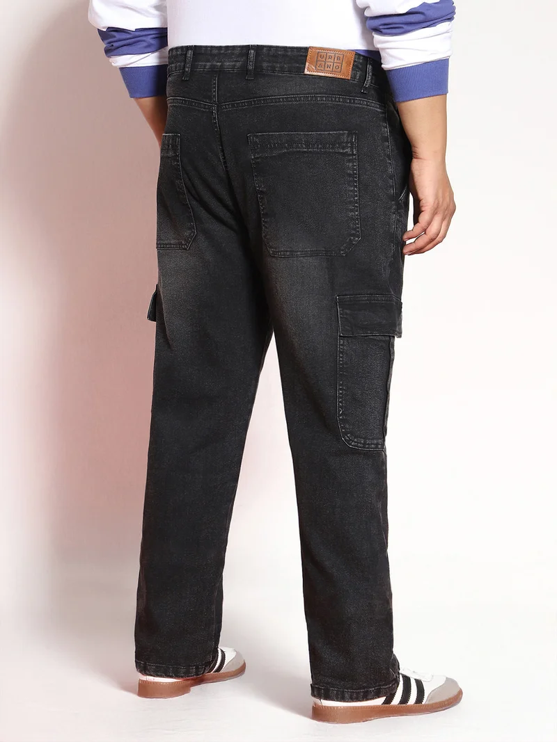 Urbano Fashion  Urbano Plus Men's Black Regular Fit Washed Cargo Jeans with 6 Pockets Stretchable  | Best Price UAE