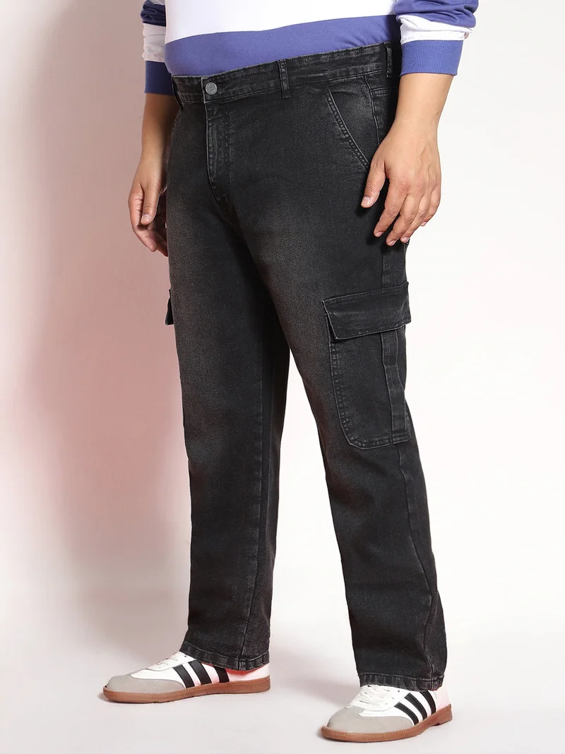 Urbano Fashion  Urbano Plus Men's Black Regular Fit Washed Cargo Jeans with 6 Pockets Stretchable  | Best Price UAE