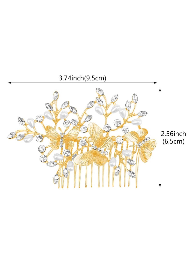 Y&D 3 Pcs Butterfly Bridal Hair Comb Pearl Rhinestones Flower Leaf Side Decorative Combs Vintage Jewelry Accessories for Women - Image 2