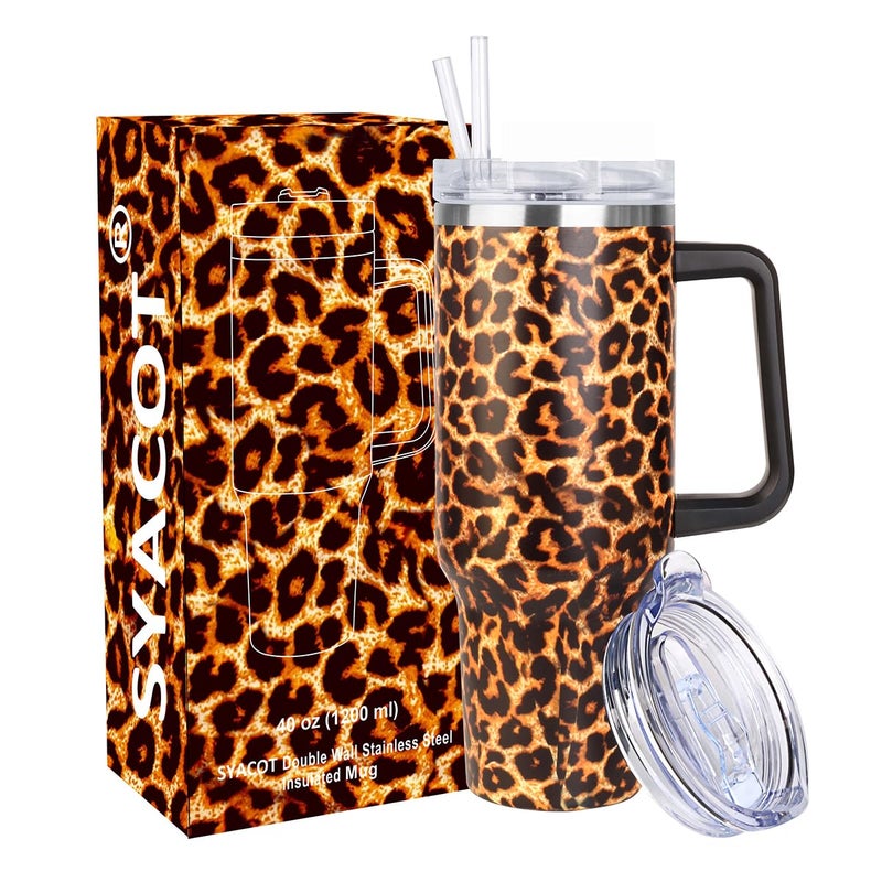 SYACOT 40 oz Tumbler with Handle and Straw Stainless Steel Insulated Tumbler Leak Proof Lid and Straw Lid Reusable Travel Mug Coffee Mug Cup Dishwasher Safe Keep Drinks Cold and Hot Leopard - Image 2