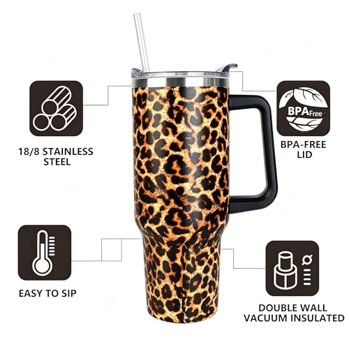 SYACOT 40 oz Tumbler with Handle and Straw Stainless Steel Insulated Tumbler Leak Proof Lid and Straw Lid Reusable Travel Mug Coffee Mug Cup Dishwasher Safe Keep Drinks Cold and Hot Leopard - Image 3