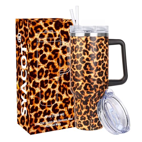 SYACOT 40 oz Tumbler with Handle and Straw Stainless Steel Insulated Tumbler Leak Proof Lid and Straw Lid Reusable Travel Mug Coffee Mug Cup Dishwasher Safe Keep Drinks Cold and Hot Leopard - Image 1