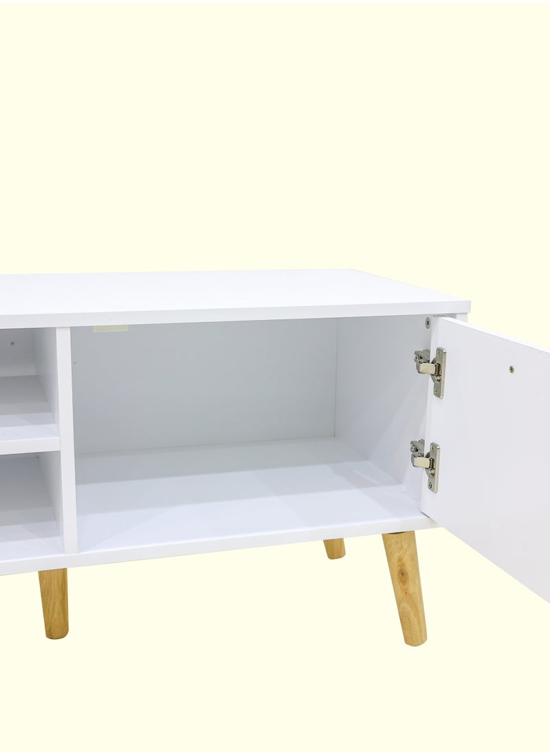 AFT - Slim Minimalist Design TV Cabinet / Table / stand with Two Doors and Sturdy Wooden Legs, Perfect for Modern Living Rooms and Entertainment Spaces, Ideal for Home Theaters and Media Rooms, Offering Stylish Storage Solutions for TVs Up to 70 Inches. Rustic Farmhouse TV Cabinet with Two Doors and Beautifully Crafted Wooden Legs, Perfect for Adding Charm to Any Home Décor.  (White) Arfan - Image 1