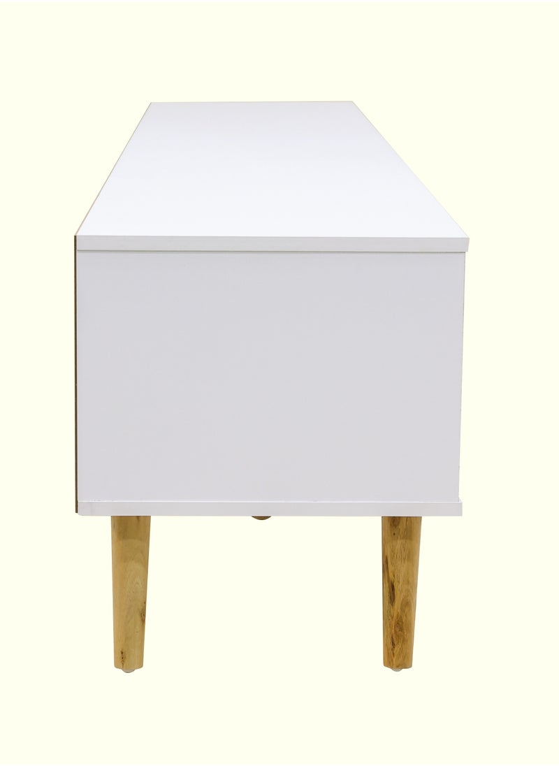 AFT - Slim Minimalist Design TV Cabinet / Table / stand with Two Doors and Sturdy Wooden Legs, Perfect for Modern Living Rooms and Entertainment Spaces, Ideal for Home Theaters and Media Rooms, Offering Stylish Storage Solutions for TVs Up to 70 Inches. Rustic Farmhouse TV Cabinet with Two Doors and Beautifully Crafted Wooden Legs, Perfect for Adding Charm to Any Home Décor.  (White) Arfan - Image 1