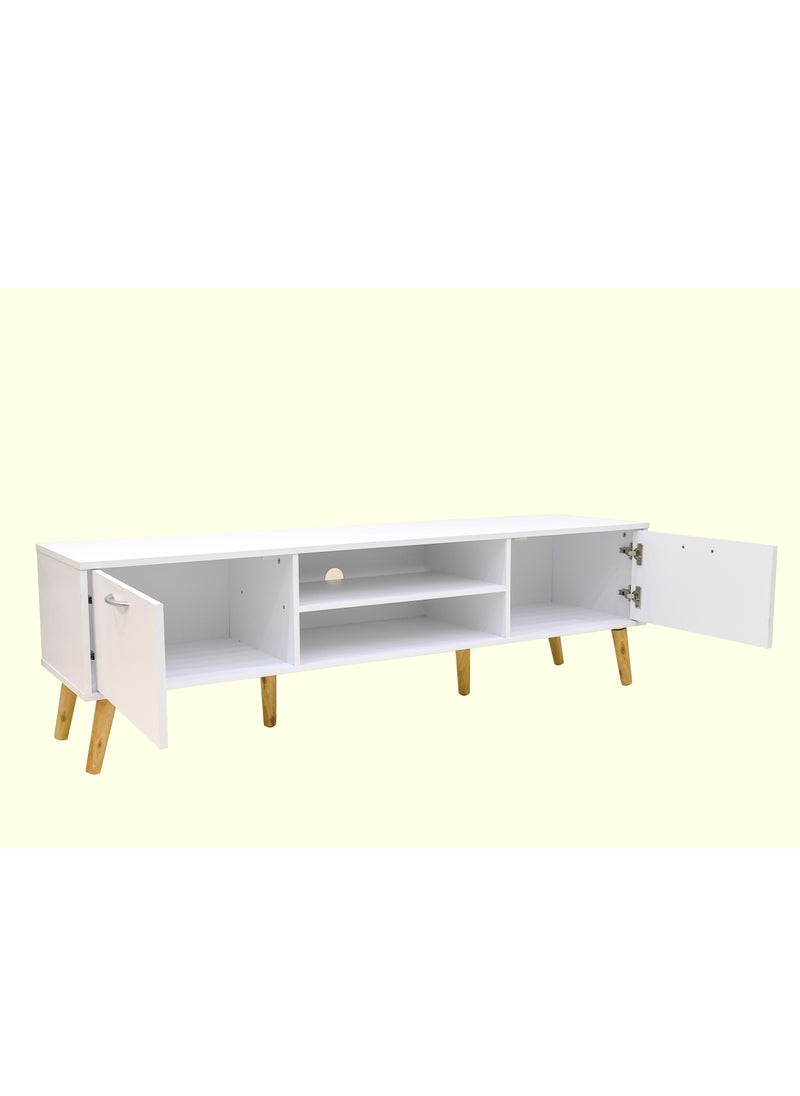 AFT - Slim Minimalist Design TV Cabinet / Table / stand with Two Doors and Sturdy Wooden Legs, Perfect for Modern Living Rooms and Entertainment Spaces, Ideal for Home Theaters and Media Rooms, Offering Stylish Storage Solutions for TVs Up to 70 Inches. Rustic Farmhouse TV Cabinet with Two Doors and Beautifully Crafted Wooden Legs, Perfect for Adding Charm to Any Home Décor.  (White) Arfan - Image 1