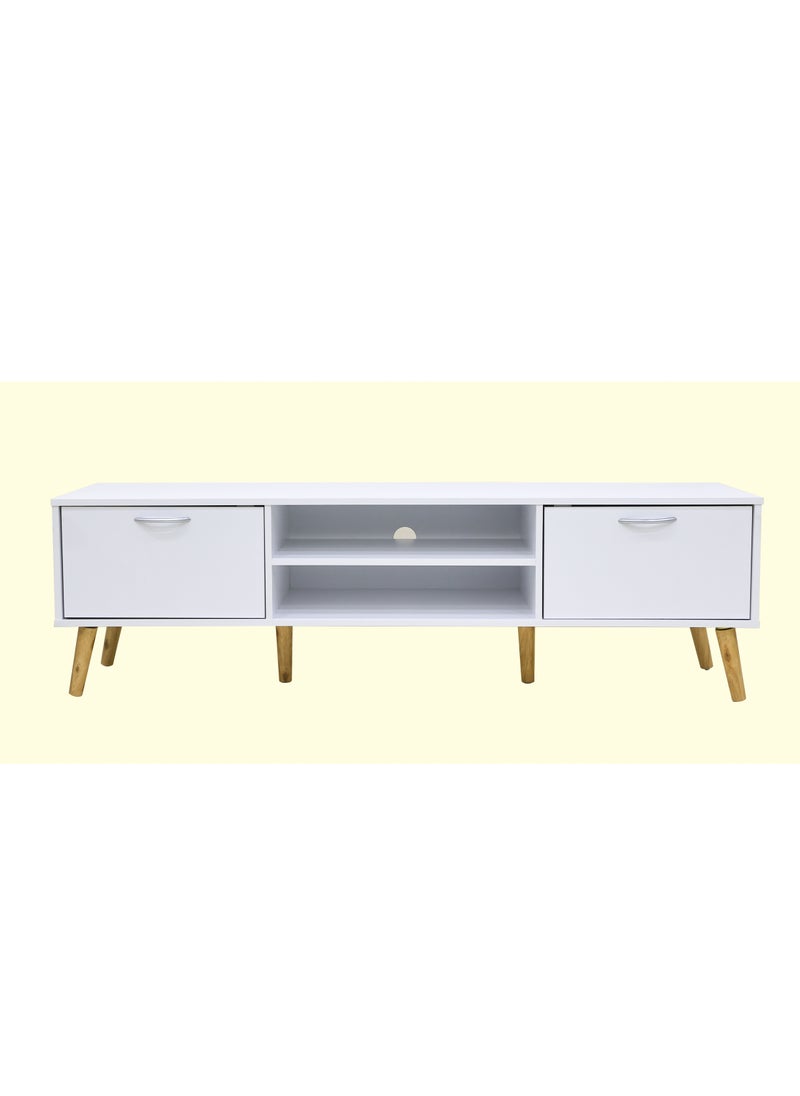 AFT - Slim Minimalist Design TV Cabinet / Table / stand with Two Doors and Sturdy Wooden Legs, Perfect for Modern Living Rooms and Entertainment Spaces, Ideal for Home Theaters and Media Rooms, Offering Stylish Storage Solutions for TVs Up to 70 Inches. Rustic Farmhouse TV Cabinet with Two Doors and Beautifully Crafted Wooden Legs, Perfect for Adding Charm to Any Home Décor.  (White) Arfan - Image 1