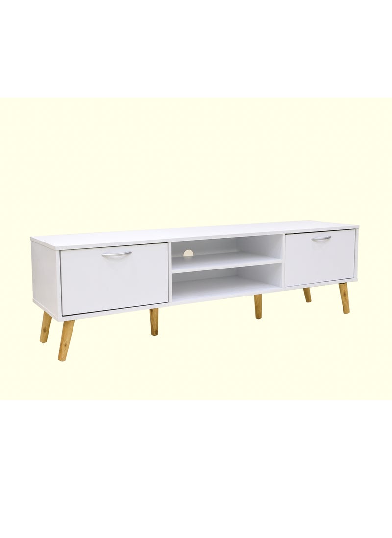 AFT - Slim Minimalist Design TV Cabinet / Table / stand with Two Doors and Sturdy Wooden Legs, Perfect for Modern Living Rooms and Entertainment Spaces, Ideal for Home Theaters and Media Rooms, Offering Stylish Storage Solutions for TVs Up to 70 Inches. Rustic Farmhouse TV Cabinet with Two Doors and Beautifully Crafted Wooden Legs, Perfect for Adding Charm to Any Home Décor.  (White) Arfan - Image 1