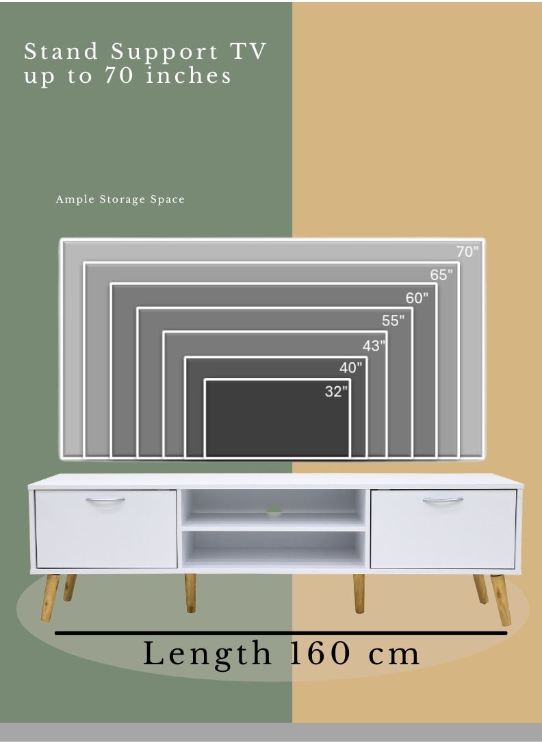 AFT - Slim Minimalist Design TV Cabinet / Table / stand with Two Doors and Sturdy Wooden Legs, Perfect for Modern Living Rooms and Entertainment Spaces, Ideal for Home Theaters and Media Rooms, Offering Stylish Storage Solutions for TVs Up to 70 Inches. Rustic Farmhouse TV Cabinet with Two Doors and Beautifully Crafted Wooden Legs, Perfect for Adding Charm to Any Home Décor.  (White) Arfan - Image 1