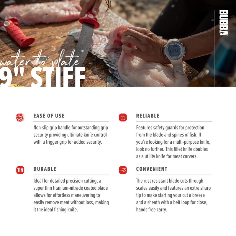 BUBBA 9 Inch Stiff Fillet Knife with Non-Slip Grip Handle, Full Tang Beveled Sushi Style Stainless Steel Non-Stick Thick Blade, Lanyard Hole and Synthetic Sheath for Fishing, Hunting and Cooking - Image 4