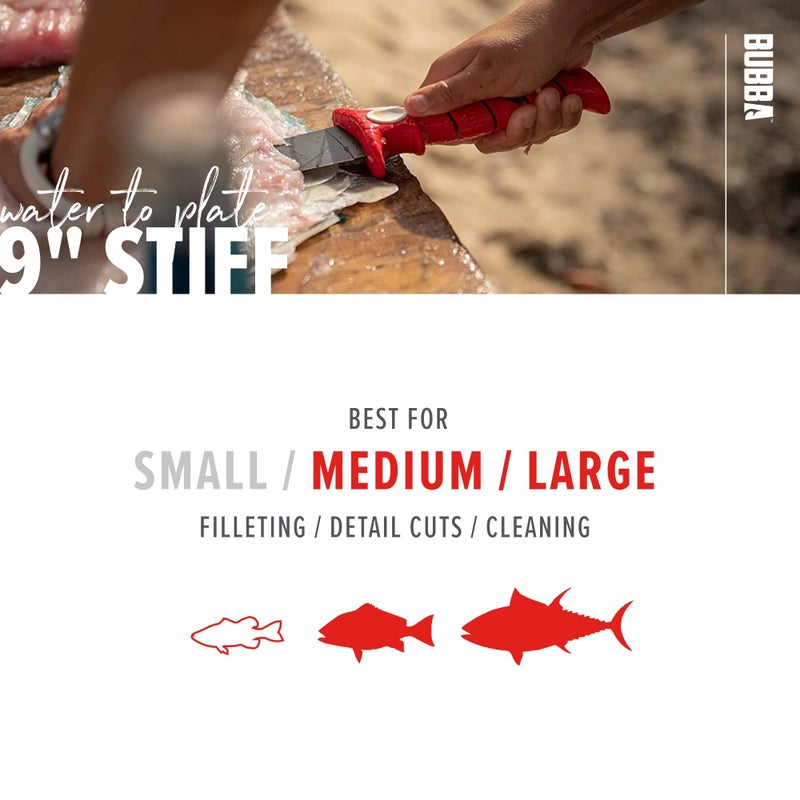 BUBBA 9 Inch Stiff Fillet Knife with Non-Slip Grip Handle, Full Tang Beveled Sushi Style Stainless Steel Non-Stick Thick Blade, Lanyard Hole and Synthetic Sheath for Fishing, Hunting and Cooking - Image 5