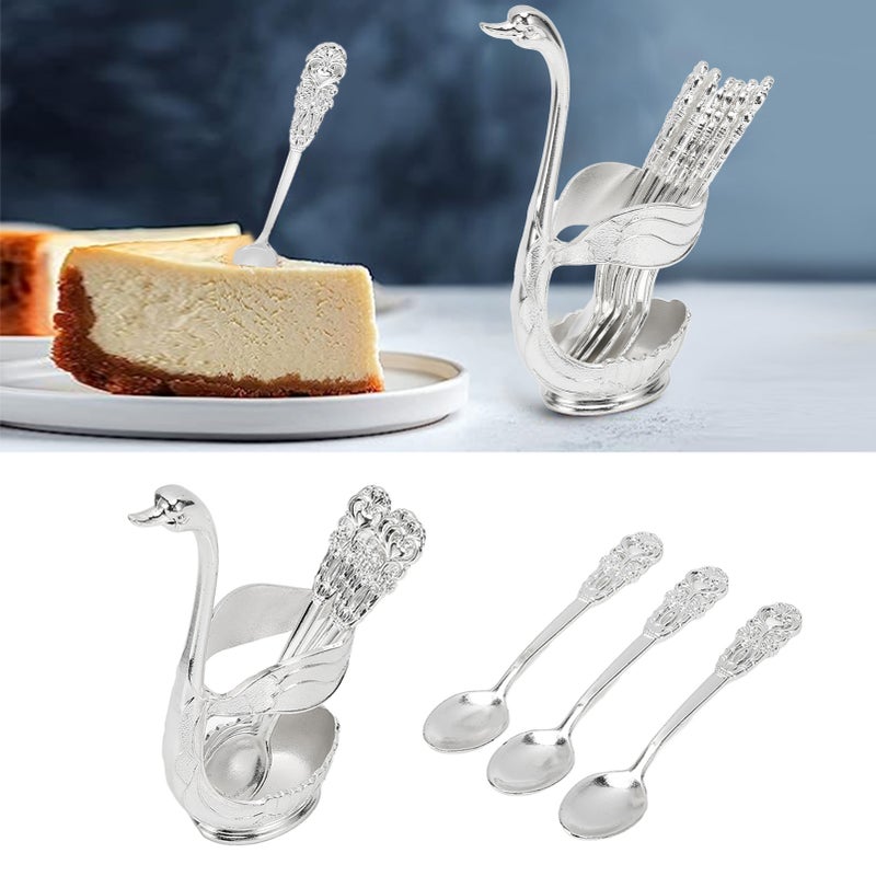 6Pcs Coffee Dessert Spoon Set Metal Swan Base Holder Dessert Spoon Organizer with 6pcs Spoons Teaspoon for Fruit Cake - Image 1