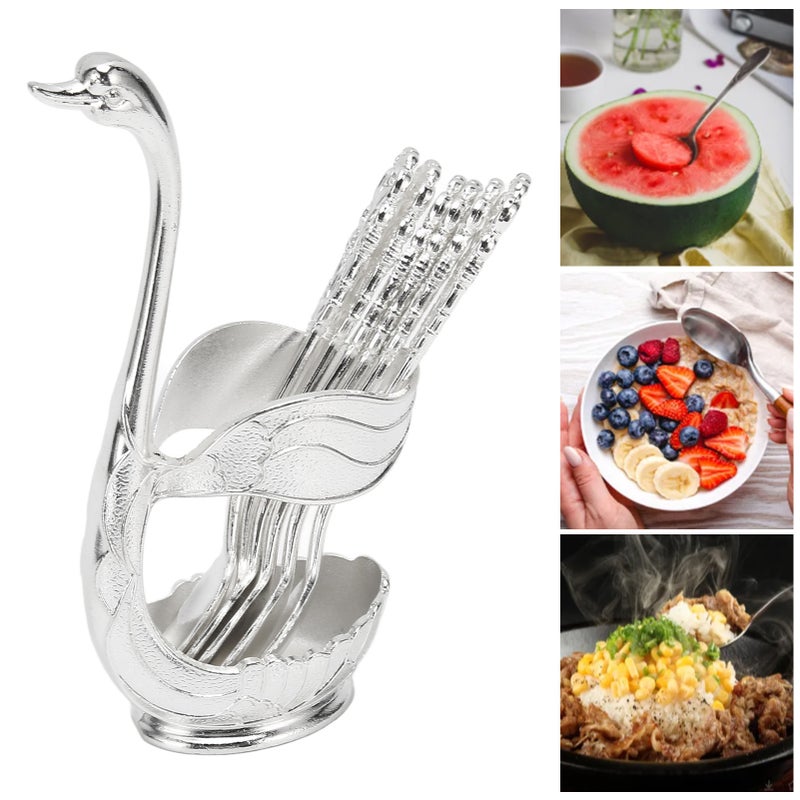 6Pcs Coffee Dessert Spoon Set Metal Swan Base Holder Dessert Spoon Organizer with 6pcs Spoons Teaspoon for Fruit Cake - Image 5