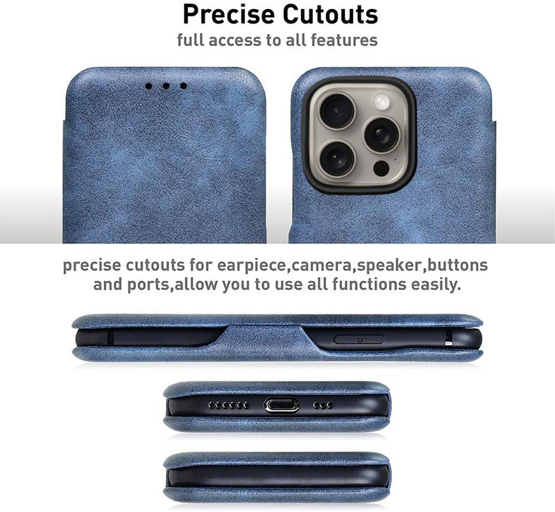 PULOKA for iPhone 15 PRO MAX - Sleek Flip Case - Premium Vegan Leather Phone Cover with Card Slot - Slim, Durable, Privacy Protection - Kickstand Function - Elegant Flip Wallet Cases for Apple - Blue - Image 3