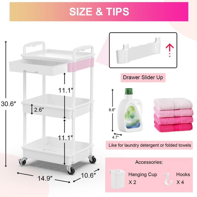 Goovilla 3 Tier Rolling Utility Cart Organizer with Removable Drawer, Stable and Sturdy White Rolling Storage Carts with 2 Lockable Wheels for Bathroom, Kitchen, Snack, Craft, Makeup, Baby Essentials - Image 4