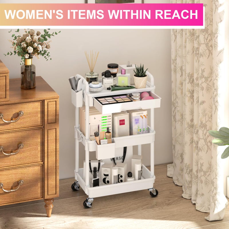Goovilla 3 Tier Rolling Utility Cart Organizer with Removable Drawer, Stable and Sturdy White Rolling Storage Carts with 2 Lockable Wheels for Bathroom, Kitchen, Snack, Craft, Makeup, Baby Essentials - Image 5