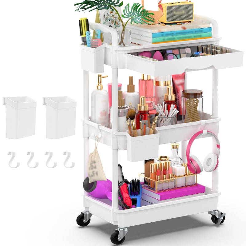 Goovilla 3 Tier Rolling Utility Cart Organizer with Removable Drawer, Stable and Sturdy White Rolling Storage Carts with 2 Lockable Wheels for Bathroom, Kitchen, Snack, Craft, Makeup, Baby Essentials - Image 1