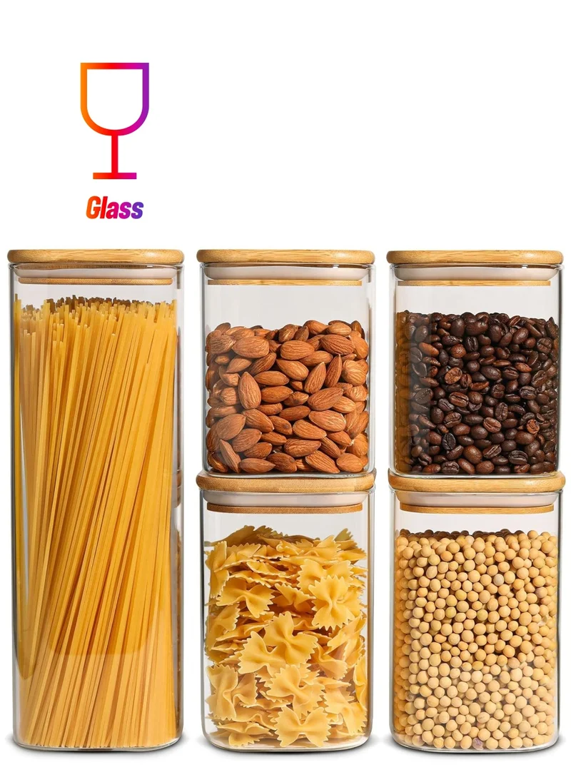 1Chase Square Food Storage Jar With Airtight Bamboo Lid 74 Oz, 37 Oz, 30 Oz (Set of 5)