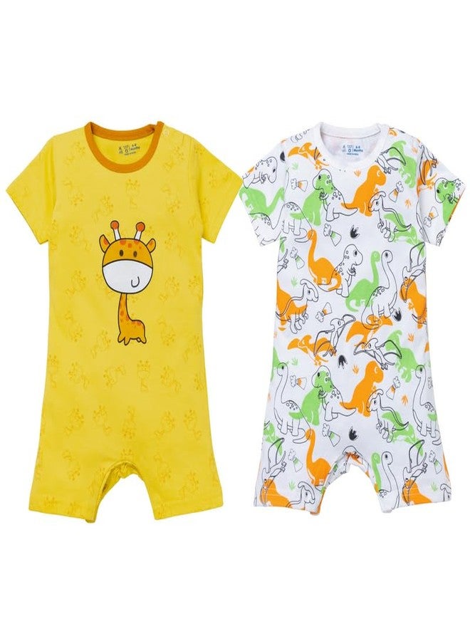 Fambal Romper Bodysuit Jumpsuit Jhabla For Newborn Infant Baby Unisex | 100% Cotton Toddler Wearable Dress | Comfortable Soft Fabric Clothes | Combo of 2 prints Dinosaur-Jiraff - Image 1