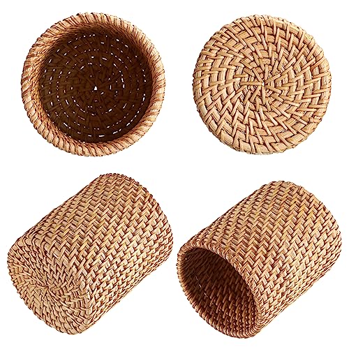 BTSKY 3 Pack Rattan Pen Cup, Handmade Desk Pencil Holders Makeup Brush Holder Multi-Functional Woven Basket Office&Home Desktop Organizer (Cylinder) - Image 4