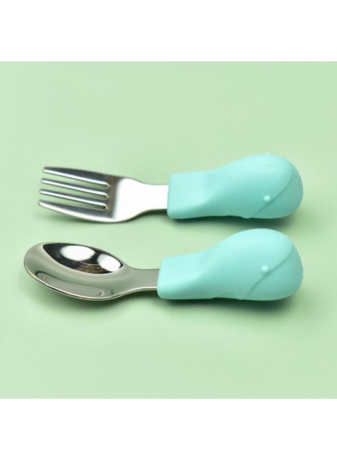 Hippo Baby Baby Learning To Eat Training Fork Spoon Short Handle Stainless Steel Tableware Children's Silicone Complementary Food Complementary Food Fork Spoon