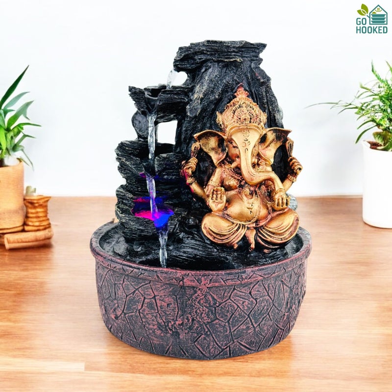 Go Hooked نافورة شلال اللورد غانيشا مع أضواء LED وتدفق مياه قابل للتعديل | ديكور لتخفيف التوتر والطاقة الإيجابية | نافورة طاولة من بولي ريزين لغرفة بوجا، منزل التأمل وديكور المكتب - Image 2
