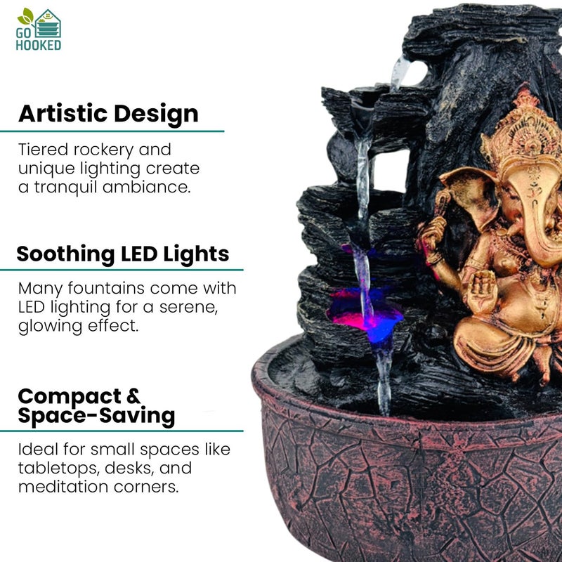 Go Hooked نافورة شلال اللورد غانيشا مع أضواء LED وتدفق مياه قابل للتعديل | ديكور لتخفيف التوتر والطاقة الإيجابية | نافورة طاولة من بولي ريزين لغرفة بوجا، منزل التأمل وديكور المكتب - Image 5