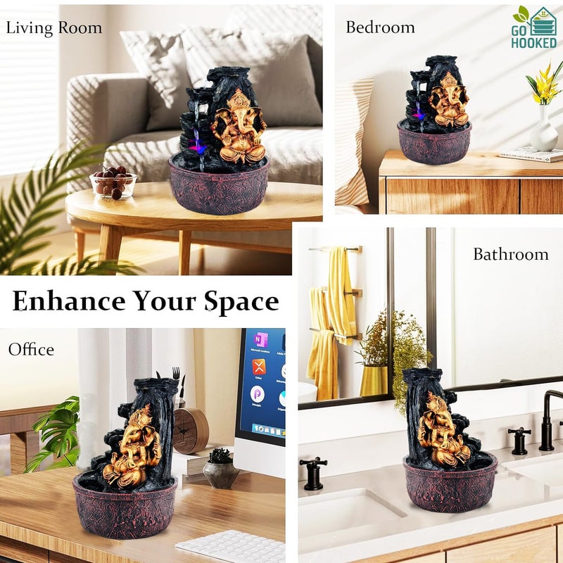 Go Hooked نافورة شلال اللورد غانيشا مع أضواء LED وتدفق مياه قابل للتعديل | ديكور لتخفيف التوتر والطاقة الإيجابية | نافورة طاولة من بولي ريزين لغرفة بوجا، منزل التأمل وديكور المكتب - Image 4