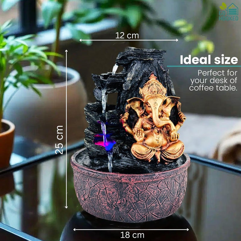 Go Hooked نافورة شلال اللورد غانيشا مع أضواء LED وتدفق مياه قابل للتعديل | ديكور لتخفيف التوتر والطاقة الإيجابية | نافورة طاولة من بولي ريزين لغرفة بوجا، منزل التأمل وديكور المكتب - Image 3