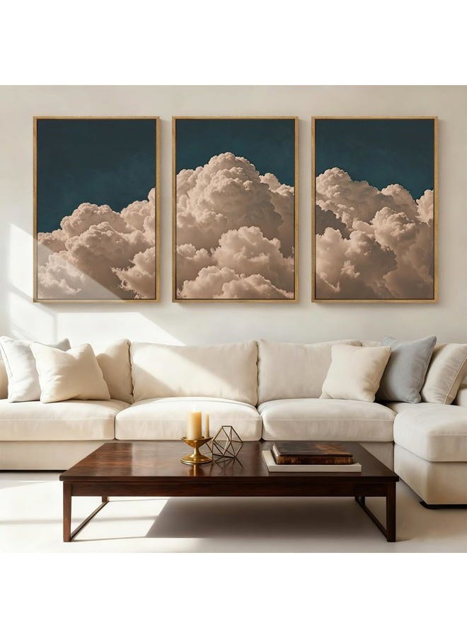 IARTTOP Large Framed Cloud Blue Wall Art 16x24 Inch Navy Cloud Canvas Painting Modern Abstract Sky Landscape Wall Decor for Living Room Bedroom Dining room Set of 3 - Image 1