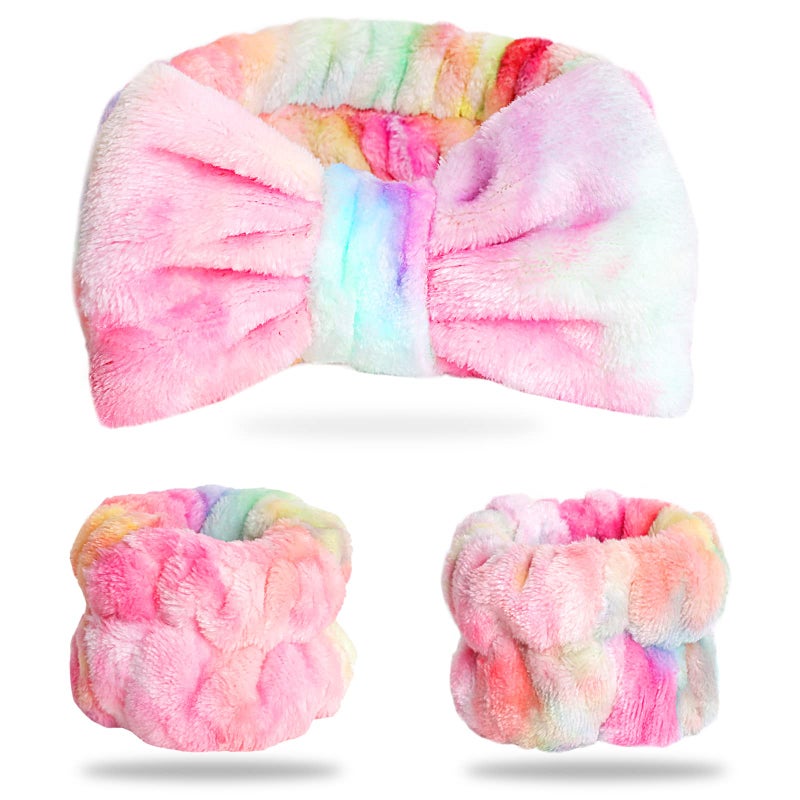 WSYUB Spa Headband and Wrist Bands Makeup Headband and Wrist Towels for Washing Face Fuzzy Bow Headbands Soft Facial Head Bands Shower Skincare Hair Sleepover Party Supplies
