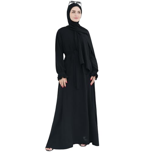 khalat Women Muslim Dress Middle East Arabian Robe Islamic Modest Dress with Hijab Scarf Lace Sleeve Flowy Abaya Dress Black - Image 2