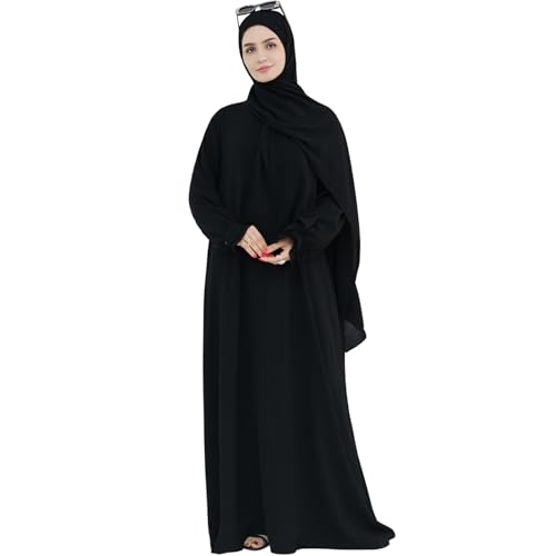 khalat Women Muslim Dress Middle East Arabian Robe Islamic Modest Dress with Hijab Scarf Lace Sleeve Flowy Abaya Dress Black - Image 1