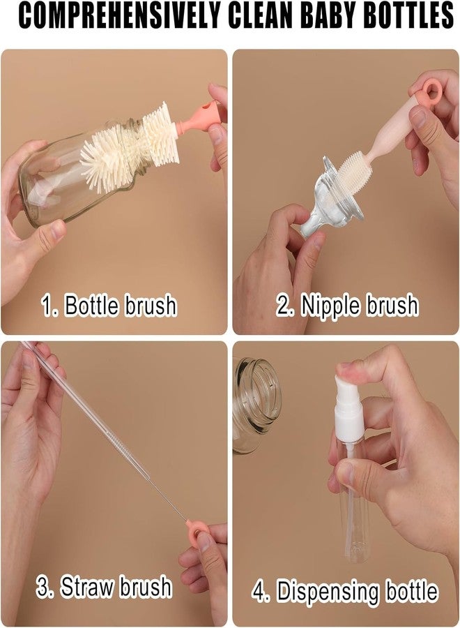 BLURISM Travel Baby Bottle Brush Set with Portable Silicone Bottle Brush, Nipple Cleaner Brush, Straw Brush, Soap Dispenser and Bottle Drying Rack Pink - Image 3
