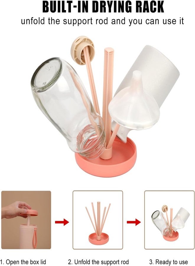 BLURISM Travel Baby Bottle Brush Set with Portable Silicone Bottle Brush, Nipple Cleaner Brush, Straw Brush, Soap Dispenser and Bottle Drying Rack Pink - Image 5