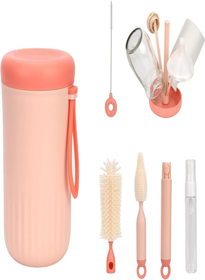 BLURISM Travel Baby Bottle Brush Set with Portable Silicone Bottle Brush, Nipple Cleaner Brush, Straw Brush, Soap Dispenser and Bottle Drying Rack Pink - Image 1
