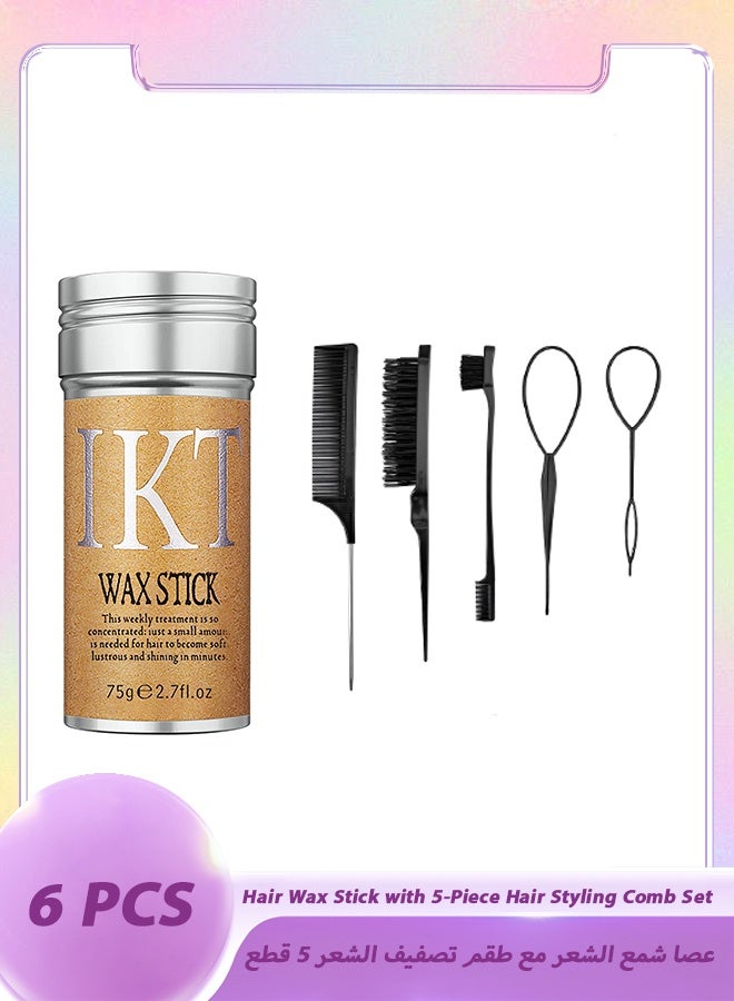 IKT 1-Piece Hair Wax Stick, 5-Pieces Hair Combs, Slick Stick for Non-Greasy Styling, Strong Hold Neat Look - Image 1