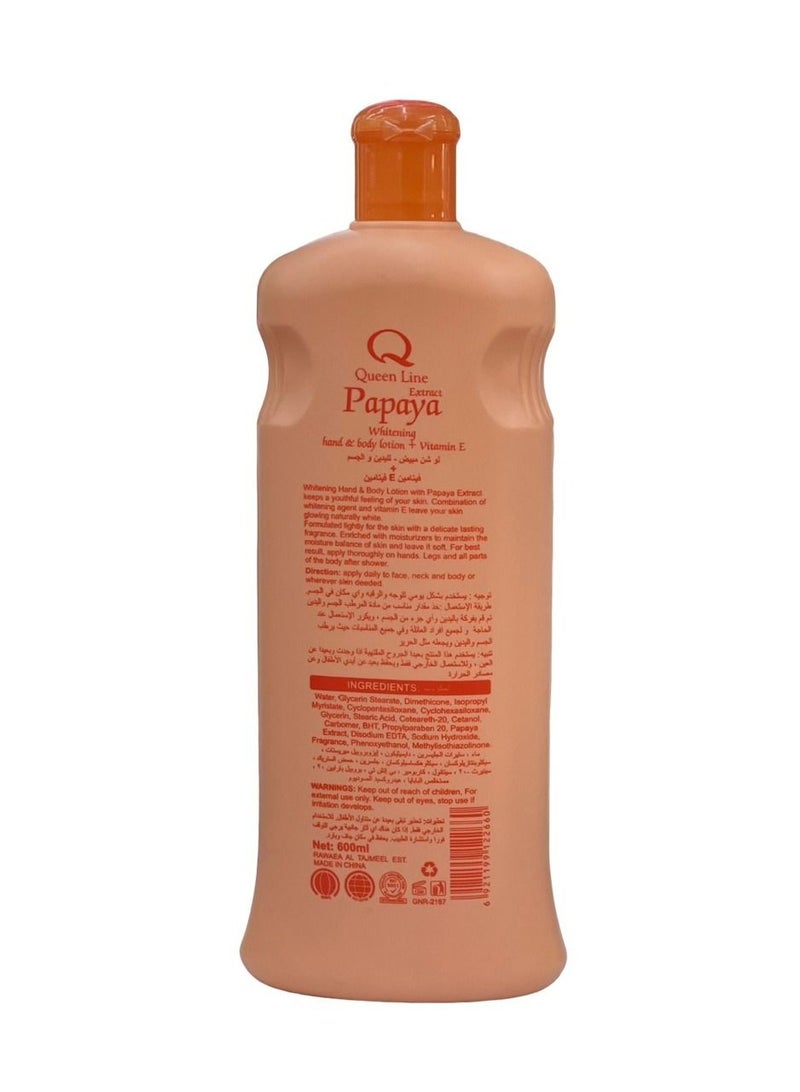 Queen Line Papaya Whitening Hand & Body Lotion Moisturizing + Vitamin E 600ml - Image 2