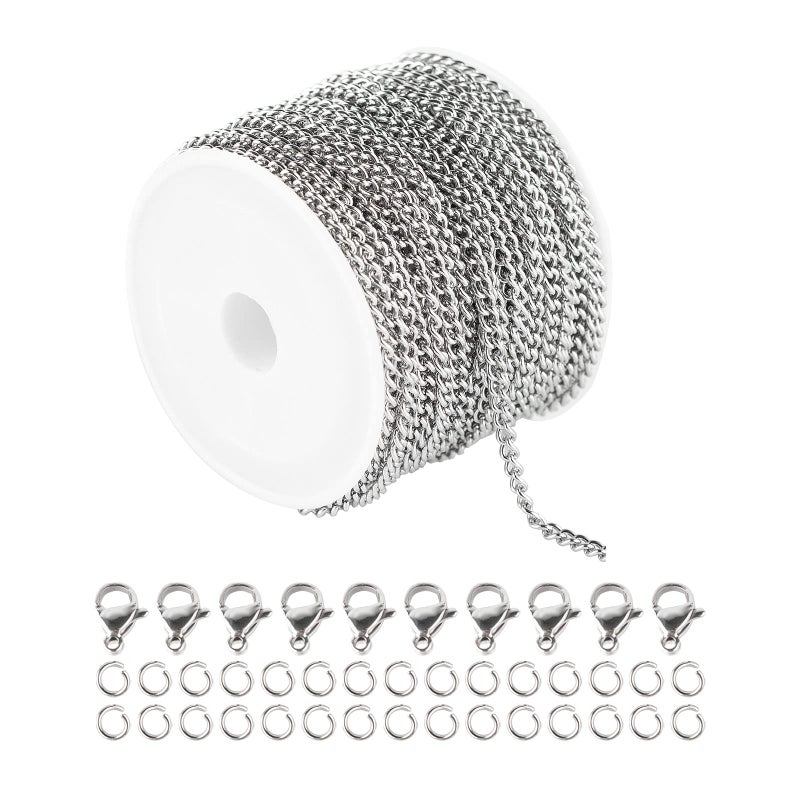 UMAOKANG 328 Feet Silver Chain 3mm Stainless Steel Curb Chains with Spool Necklace Chain Bulk with Lobster Clasps and Jump Rings for DLY Bracelets Necklaces Jewelry Making