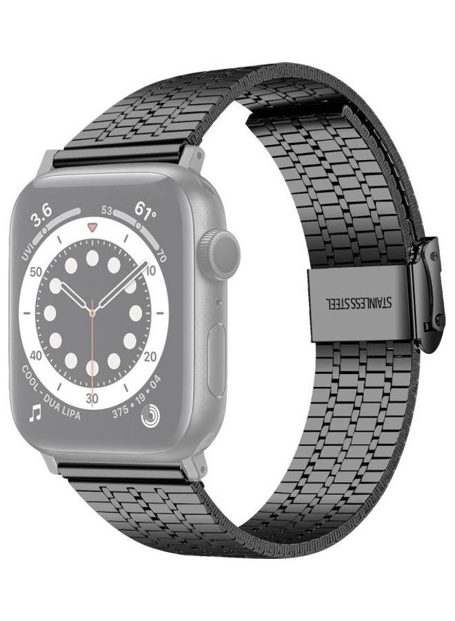 NIBEMINENT Seven-Beads Double Safety Buckle Steel Replacement Strap Watchband For Apple Watch Series 7/6/5/4/3/2/1/SE 45/44/42mm Black  - Image 1