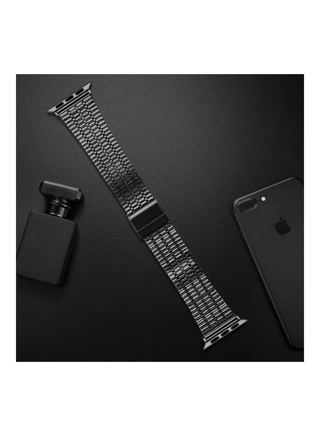 NIBEMINENT Seven-Beads Double Safety Buckle Steel Replacement Strap Watchband For Apple Watch Series 7/6/5/4/3/2/1/SE 45/44/42mm Black  - Image 4
